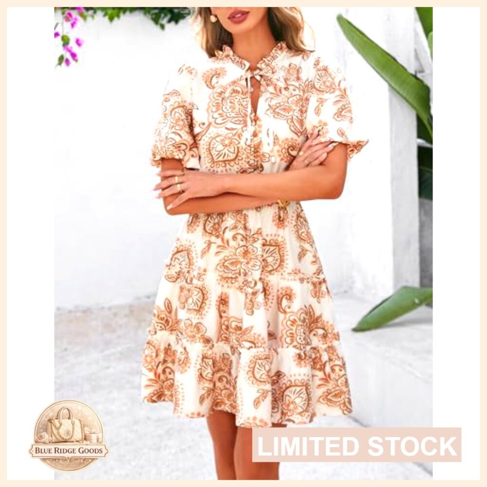 Boho Floral Mini Dress Tiered Ruffle V Neck Short Sleeve A Line Summer - Picture 3 of 7